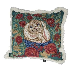 Portofino Tapestry Pillow 12" x 11" Bunny Rabbit in Flowers Green and Burgandy